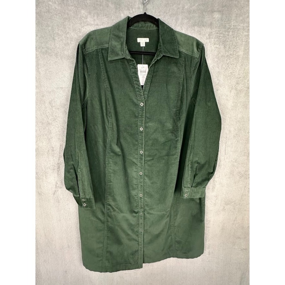 J Jill Shirt Dress Womens 2X Green Corduroy Button Long Sleeve Minimalist Preppy